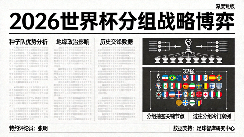 报纸风格的深度专栏版面，标题为2026世界杯分组战略博弈