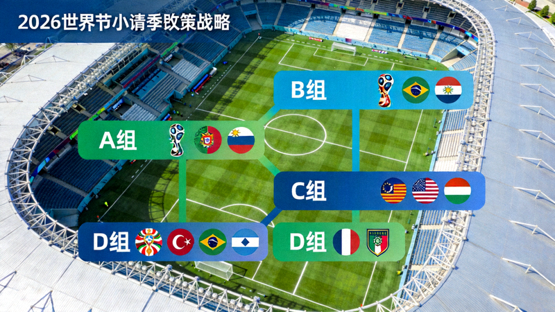 球场俯瞰图，叠加了2026世界杯小组赛的战略分区标识