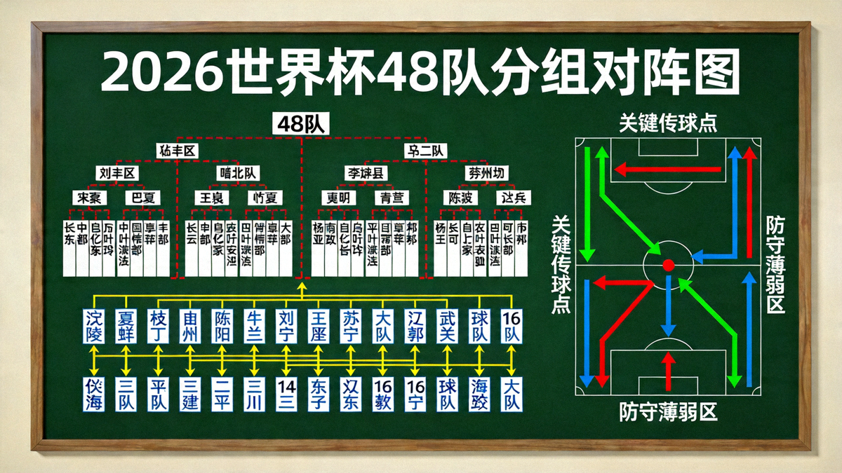 战术分析板展示2026世界杯48队分组对阵图与复杂的战术箭头标识