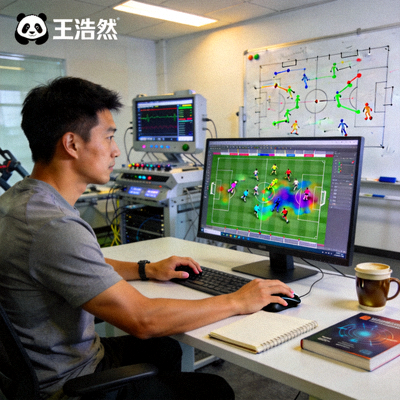 熊猫体育体能训练与运动科学顾问 王浩然 在实验室分析球员跑动热图