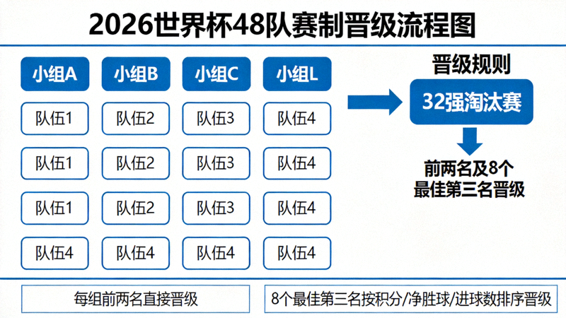 2026世界杯48队赛制晋级流程图：12个小组，每组4队，前两名及8个最佳第三名晋级32强淘汰赛