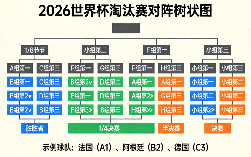2026世界杯淘汰赛阶段可能的对阵树状图，展示小组第一、第二、第三名球队的混合交锋