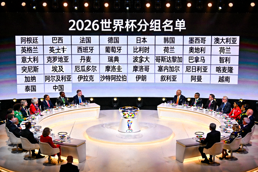 2026世界杯分组抽签仪式现场，大屏幕上显示48支球队的分组名单
