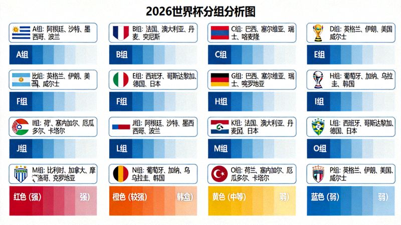 2026世界杯分组分析图，展示16个小组的球队分布与实力对比热力图